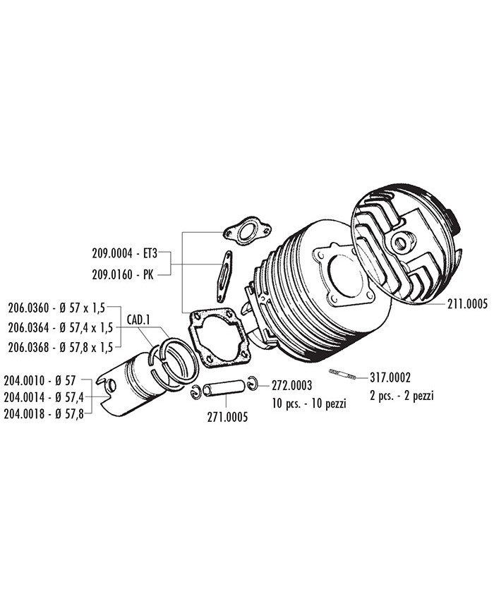 GRUPPO TERMICO CILINDRO POLINI 130 VESPA HP PK ET3 125 PRIMAVERA ø57