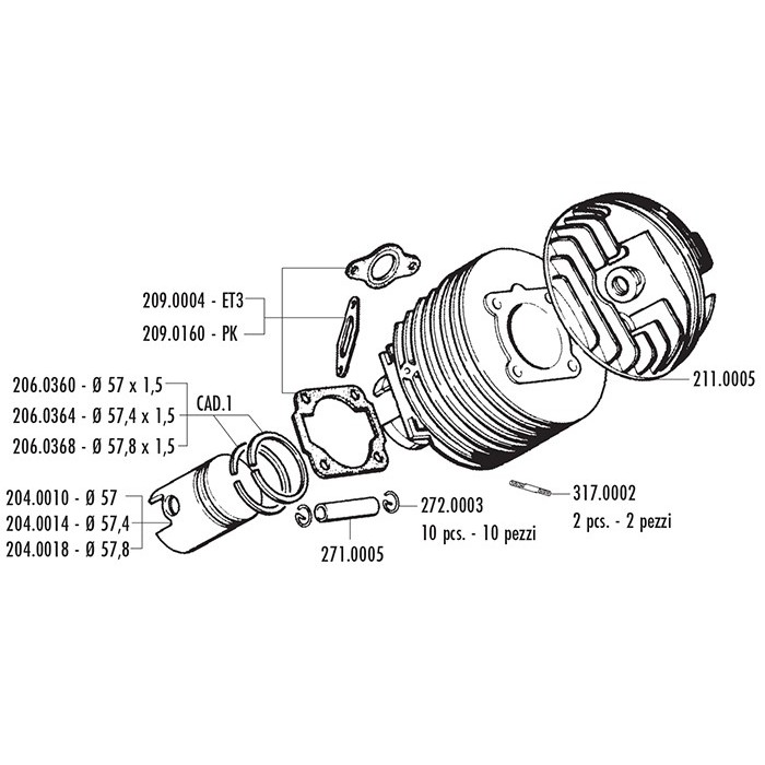 GRUPPO TERMICO CILINDRO POLINI 130 VESPA HP PK ET3 125 PRIMAVERA ø57