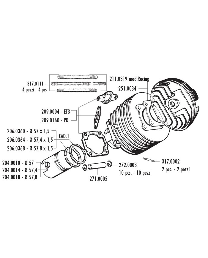 KIT GRUPPO TERMICO CILINDRO RACING POLINI 130 VESPA PK HP ET3 125 PRIMAVERA