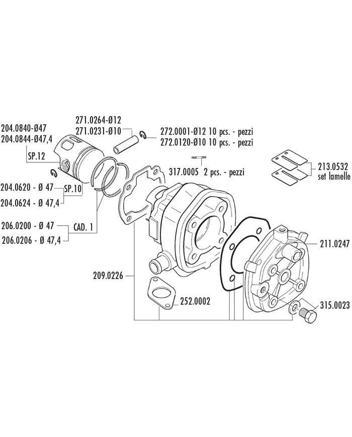 166.0083 KIT GRUPPO TERMICO POLINI YAMAHA - APRILIA SR H2O - MALAGUTIF12 LC D.47
